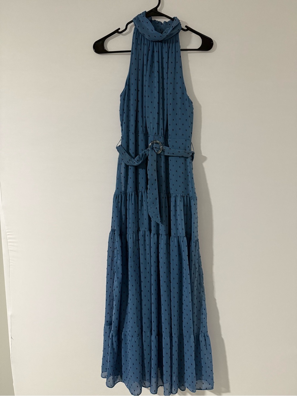 Halter Neck Blue Maxi Dress with Belt